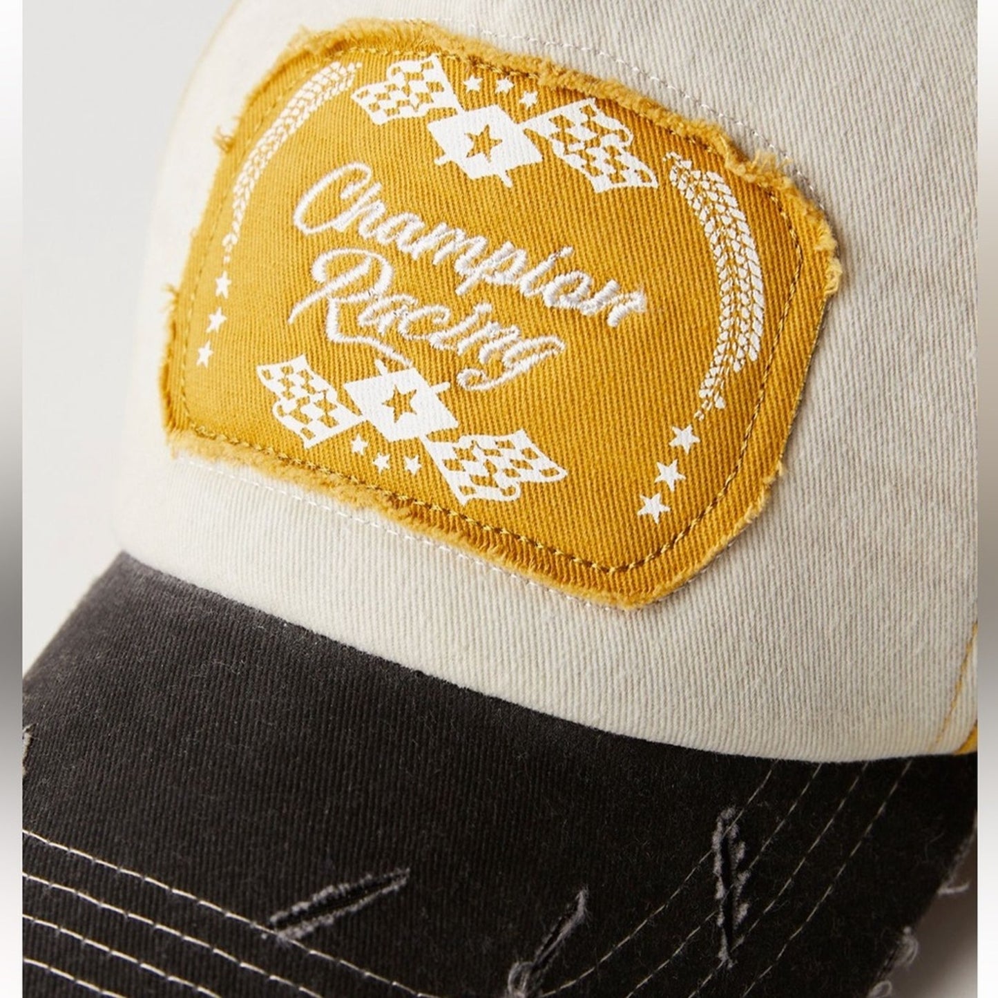 Free People Distressed Moto Racing Baseball Cap in Mustard Combo