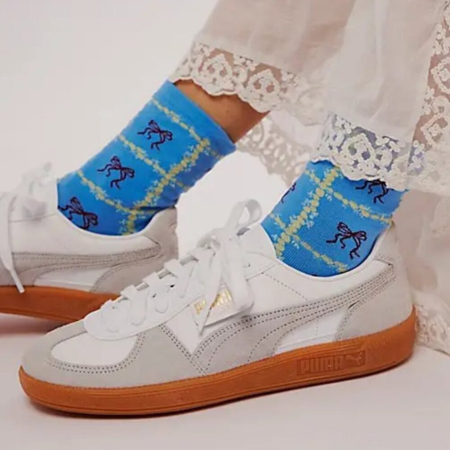 Free People Tie A Bow Ankle Socks in Light Blue