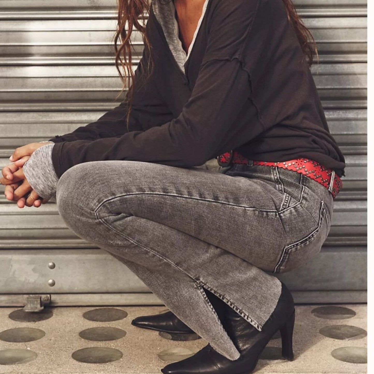 Free People Level Up Slit Slim Flare Jeans in Ridge Grey