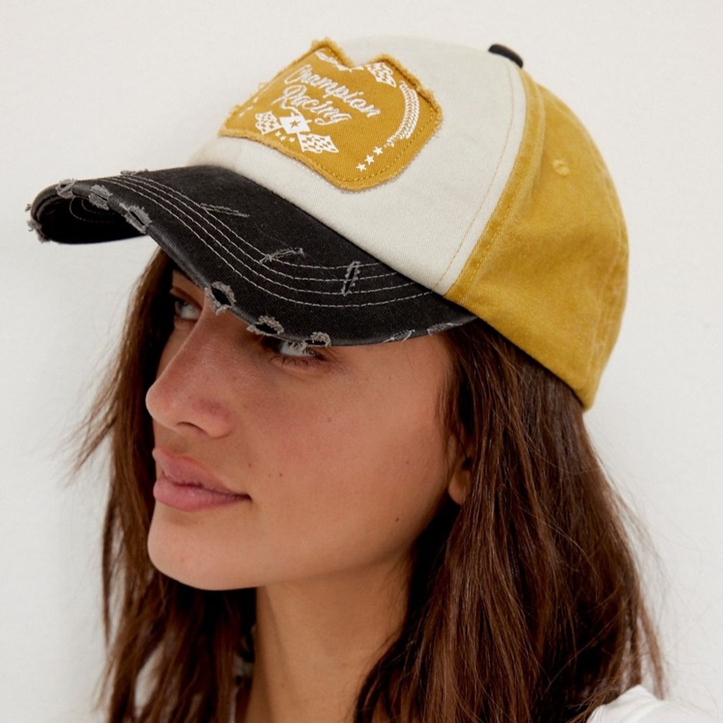 Free People Distressed Moto Racing Baseball Cap in Mustard Combo