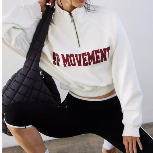 Free People For The Win Logo Half Zip in White
