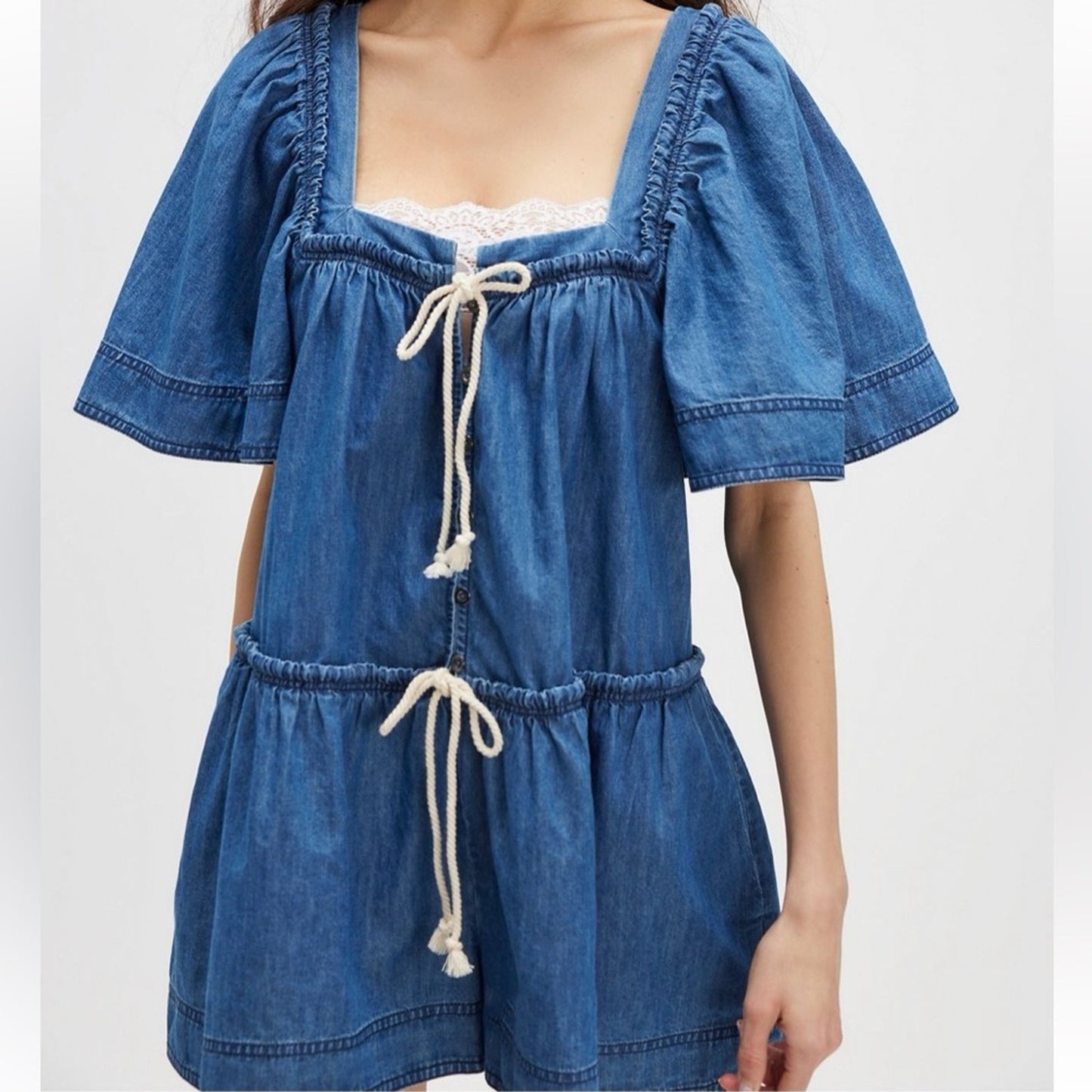 Free People County Line Denim Romper in Country Blues