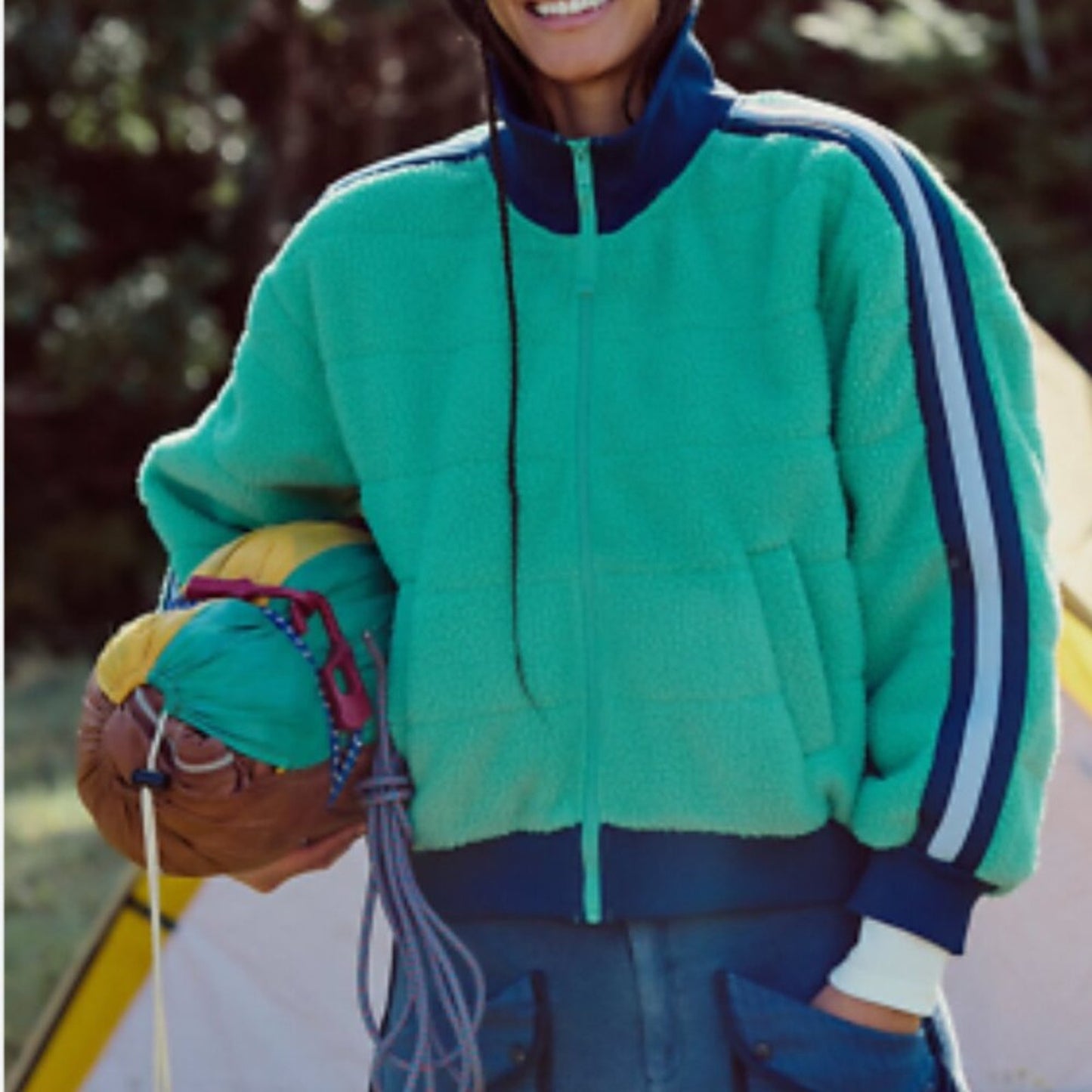 Free People Fleecy Sherpa Scrunchy Pippa Jacket in Green Combo