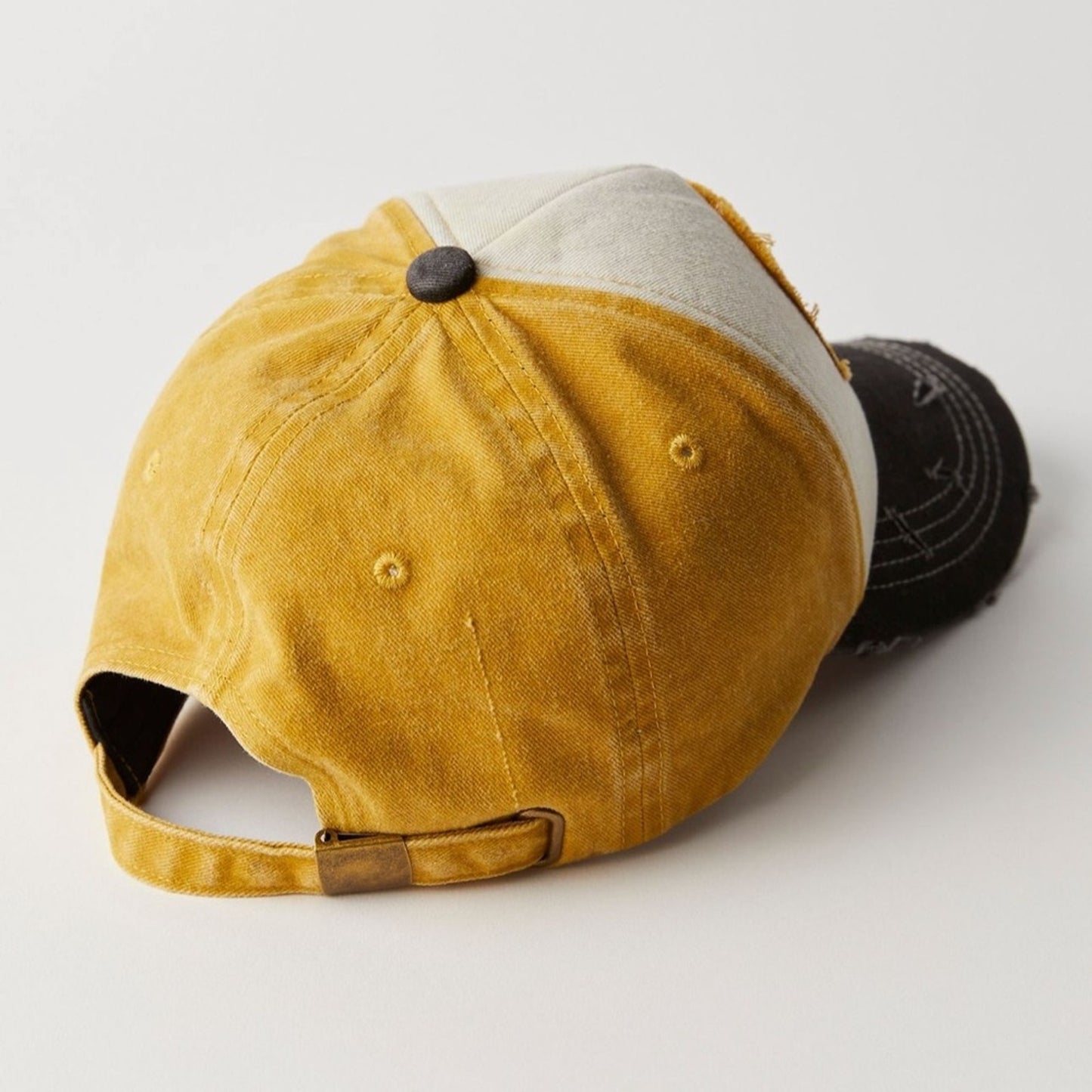 Free People Distressed Moto Racing Baseball Cap in Mustard Combo