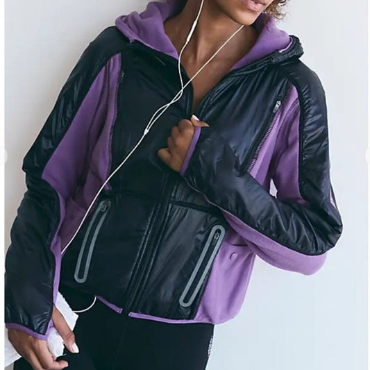 Free People Go The Distance Fleece Jacket in Red Violet/Black Combo