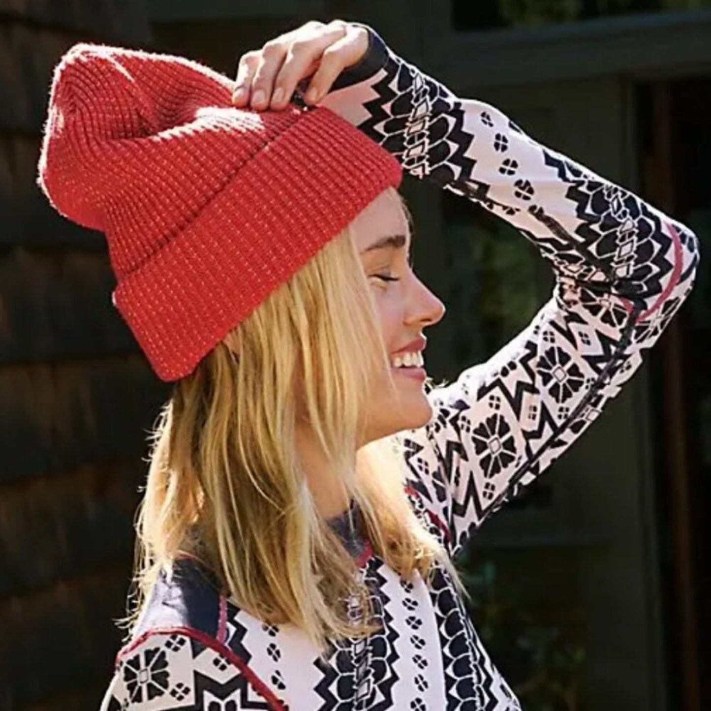 Free People Let's Race Fleece Lined Recycled Yarn Beanie in Racing Red