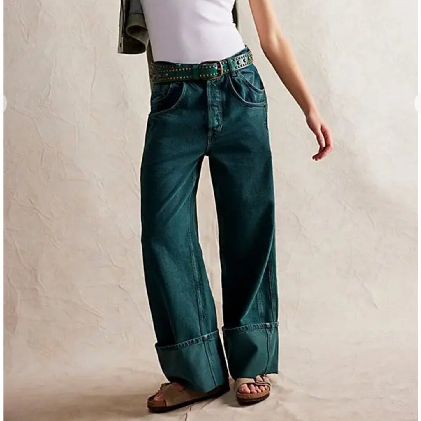 Free People Final Countdown Cuffed Low-Rise Jeans in Luke Green