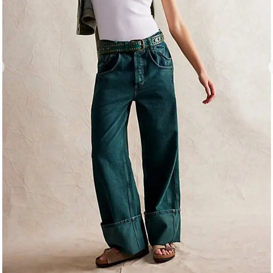 Free People Final Countdown Cuffed Low-Rise Jeans in Luke Green
