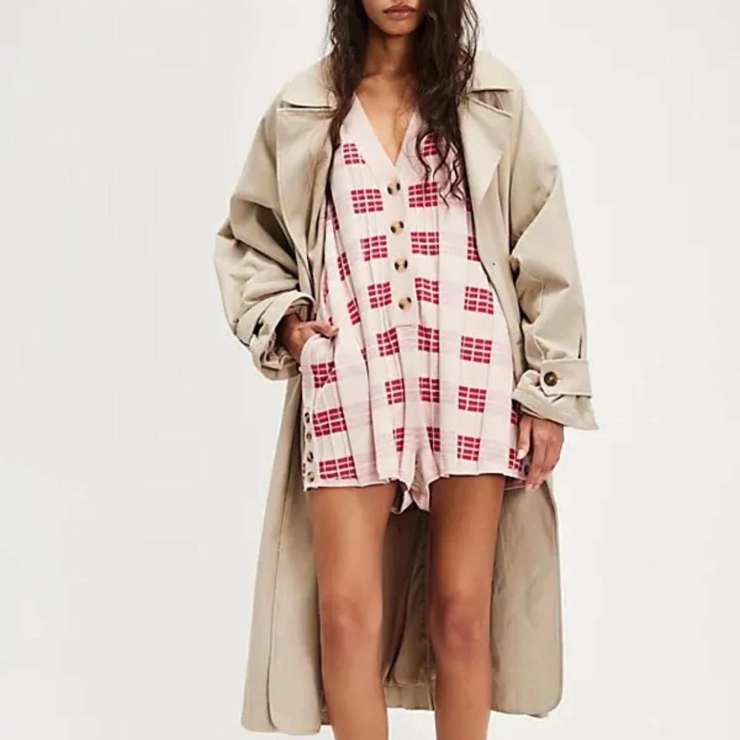 Free People Lewis Plaid Romper in Red Combo