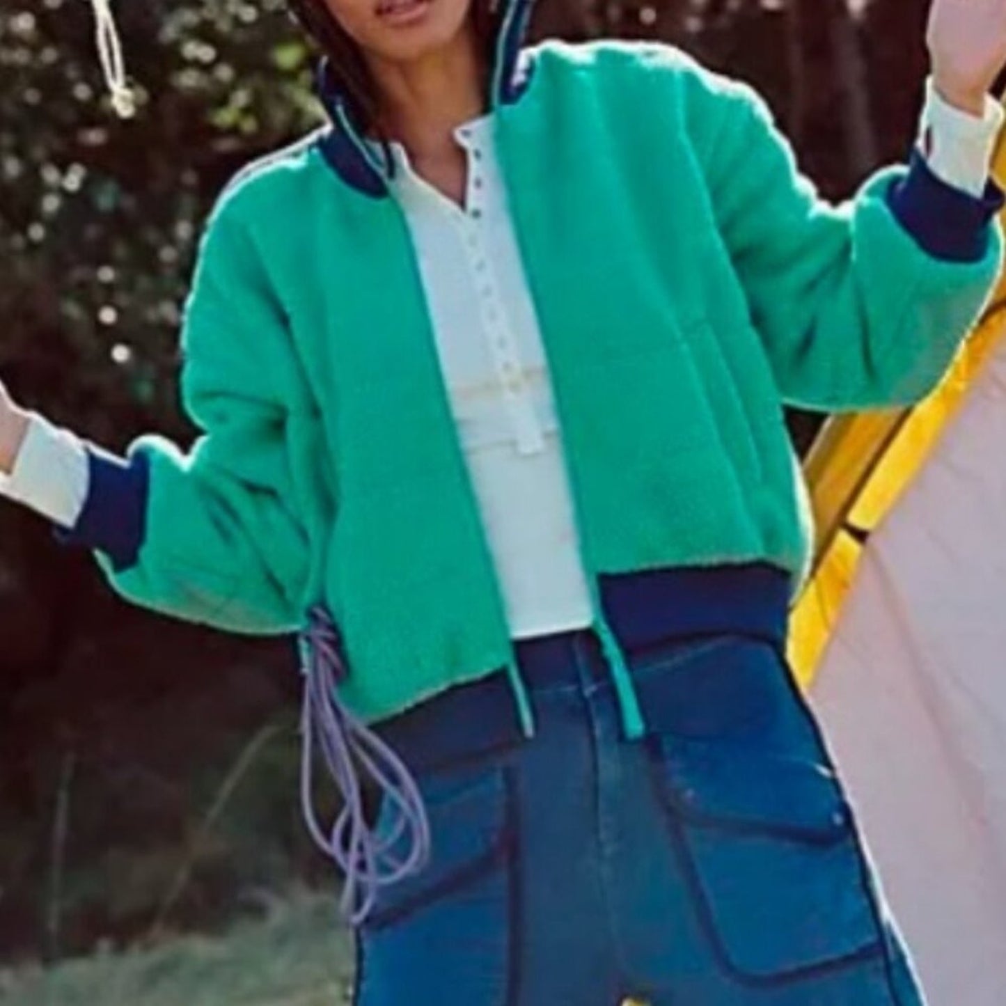 Free People Fleecy Sherpa Scrunchy Pippa Jacket in Green Combo