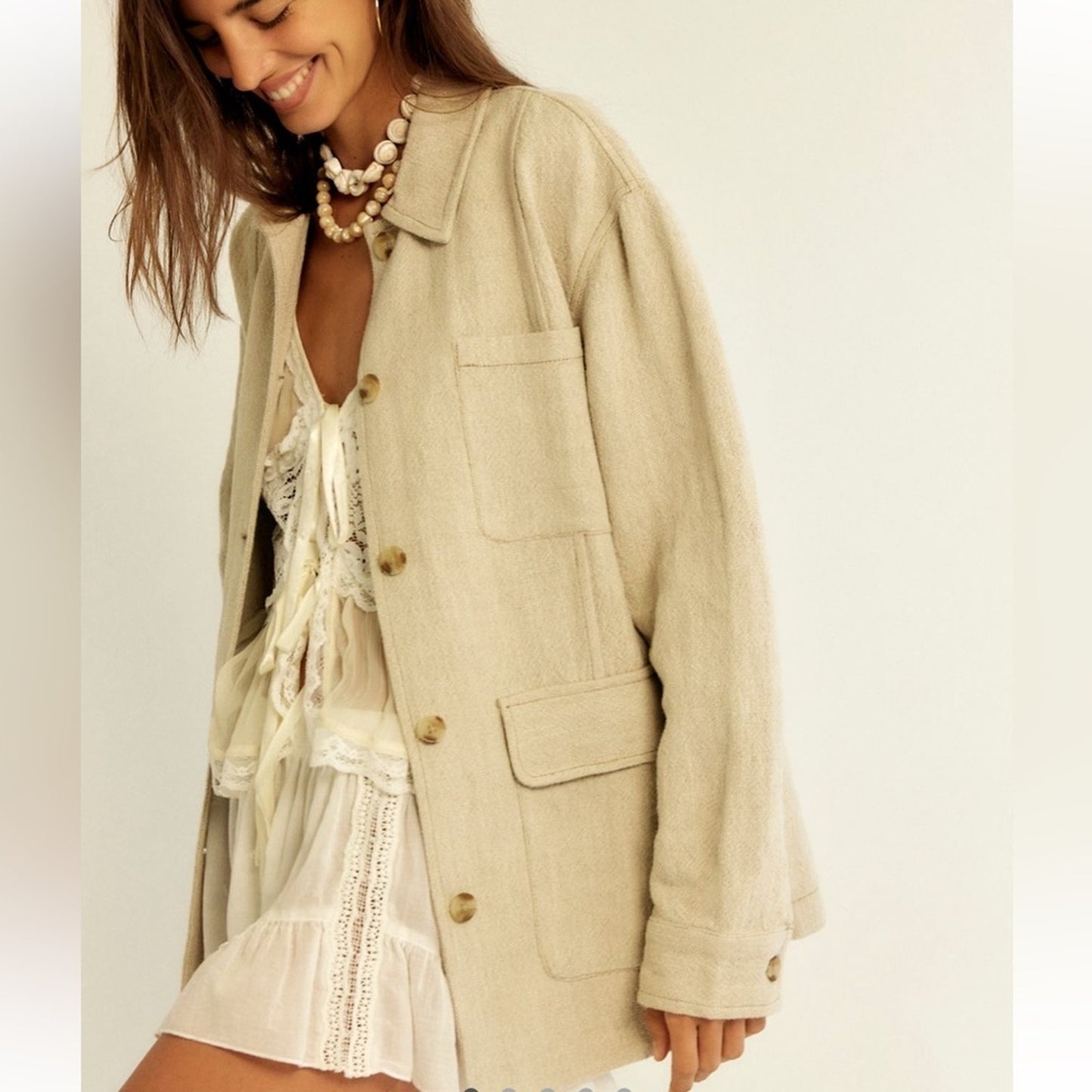 Free People Lucy Linen Chore Coat in Natural