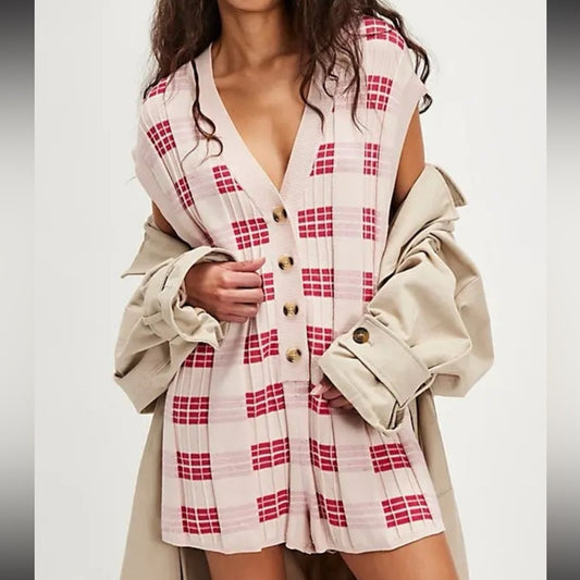 Free People Lewis Plaid Romper in Red Combo