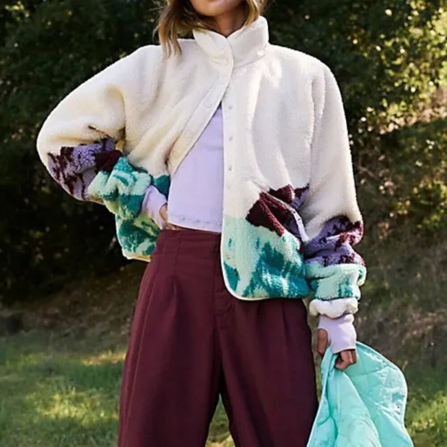 Free People Hit The Slopes Printed Fleece in Jacket in Sunrise Summit Combo