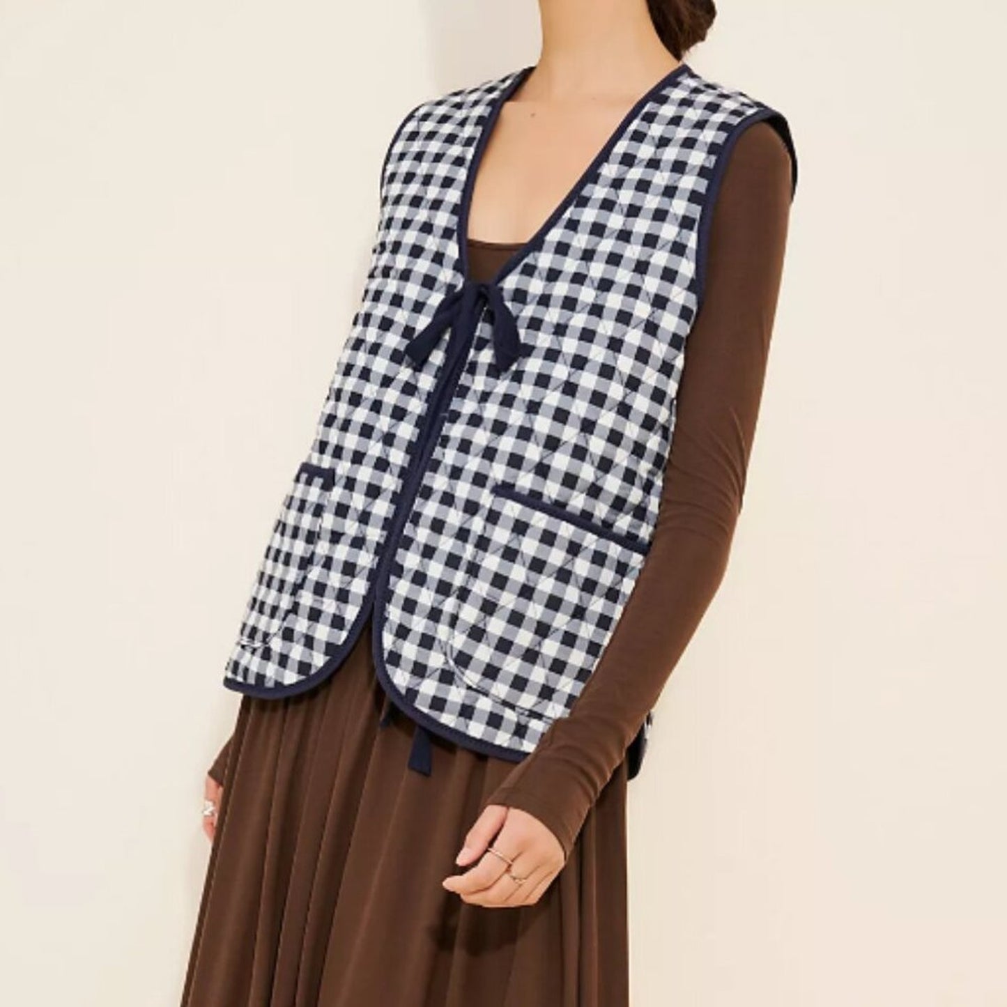 Free People Claudine Quilted Vest in Navy Gingham