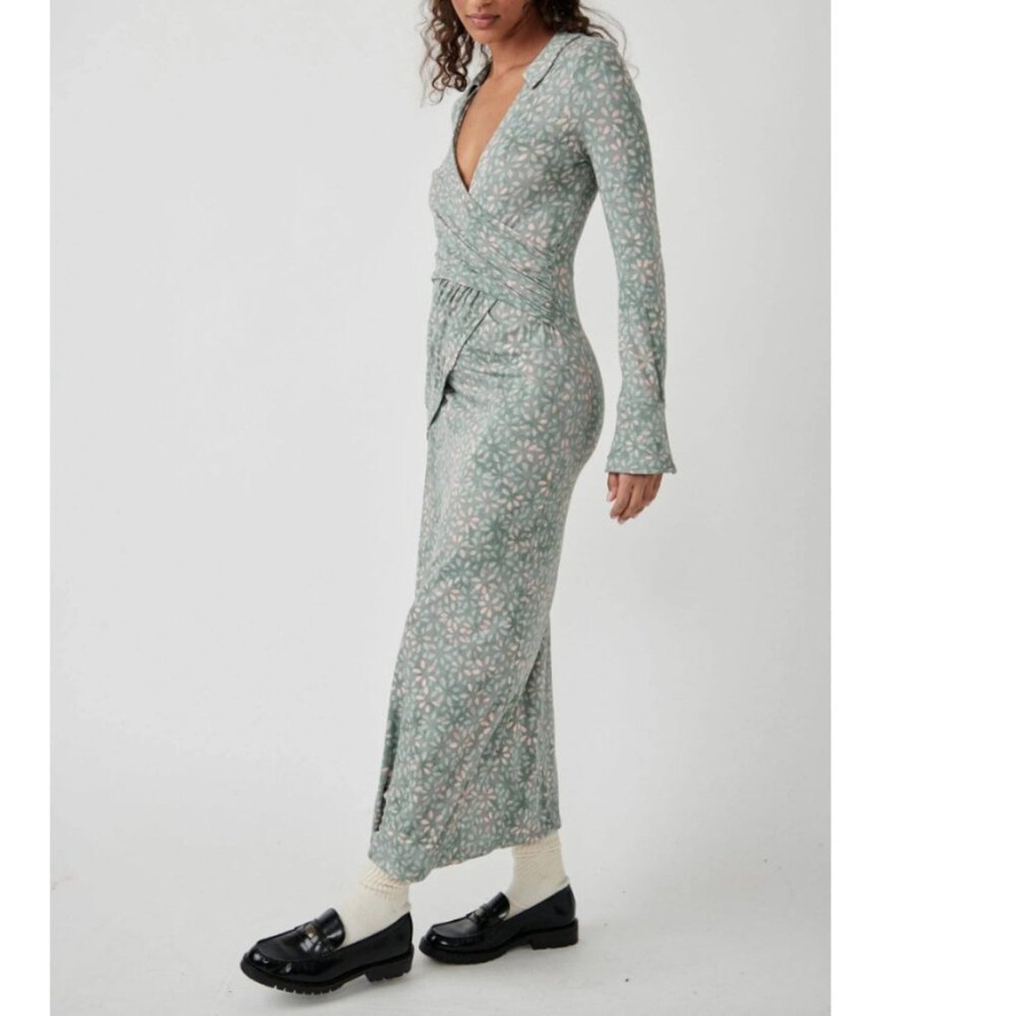 Free People Shayla Wrap Midi Dress in Mint Combo