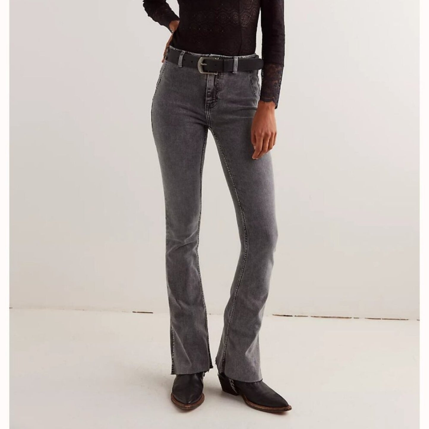 Free People Level Up Slit Slim Flare Jeans in Ridge Grey