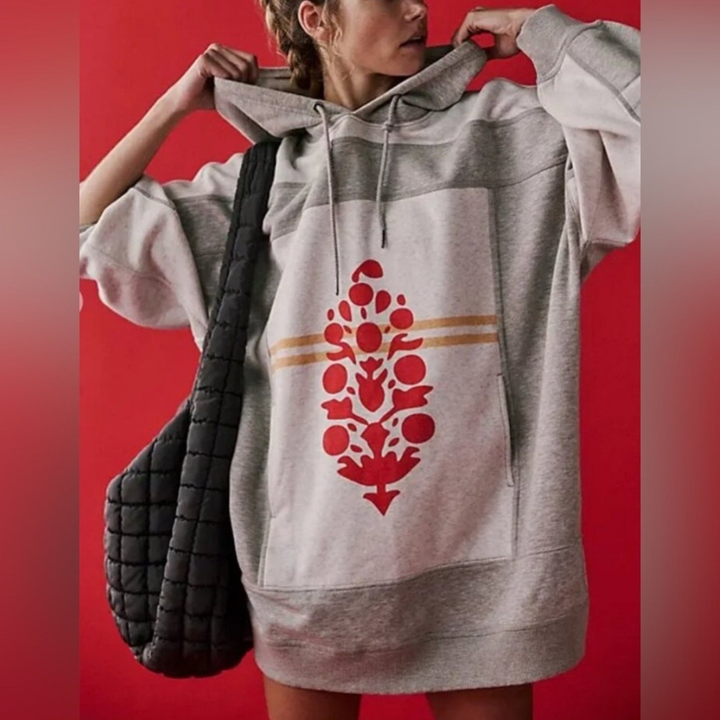 Free People Triple Threat Hoodie in Heather Grey/Victory Red
