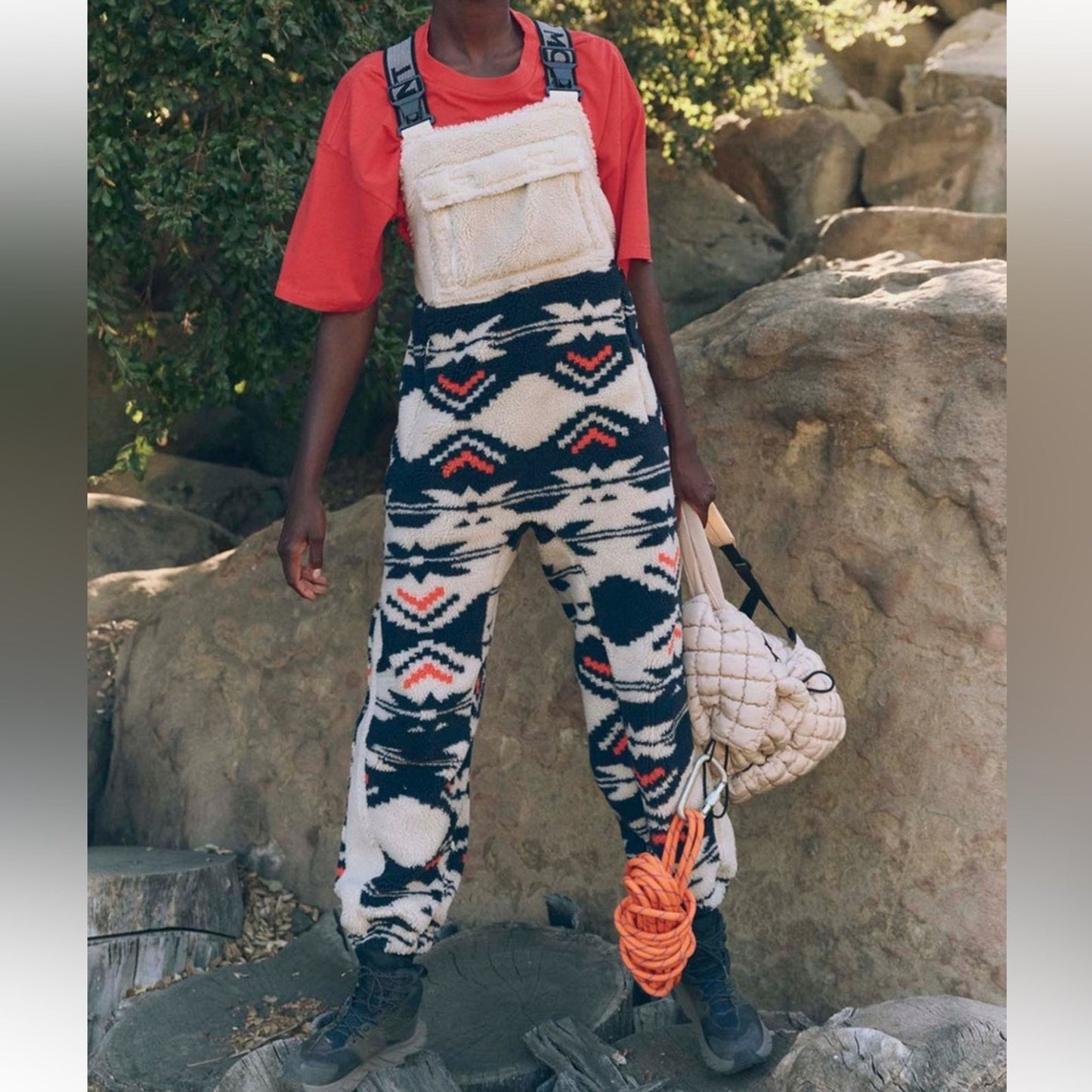 Free People Hit The Slopes Printed Salopette in Black Fairisle Combo