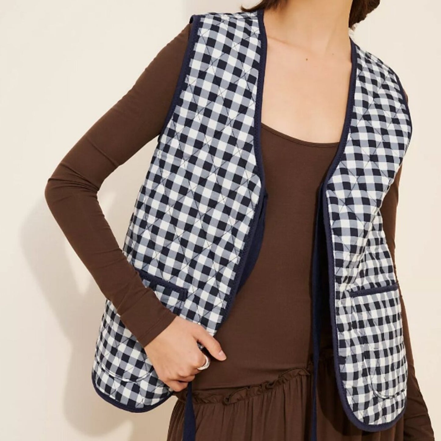 Free People Claudine Quilted Vest in Navy Gingham
