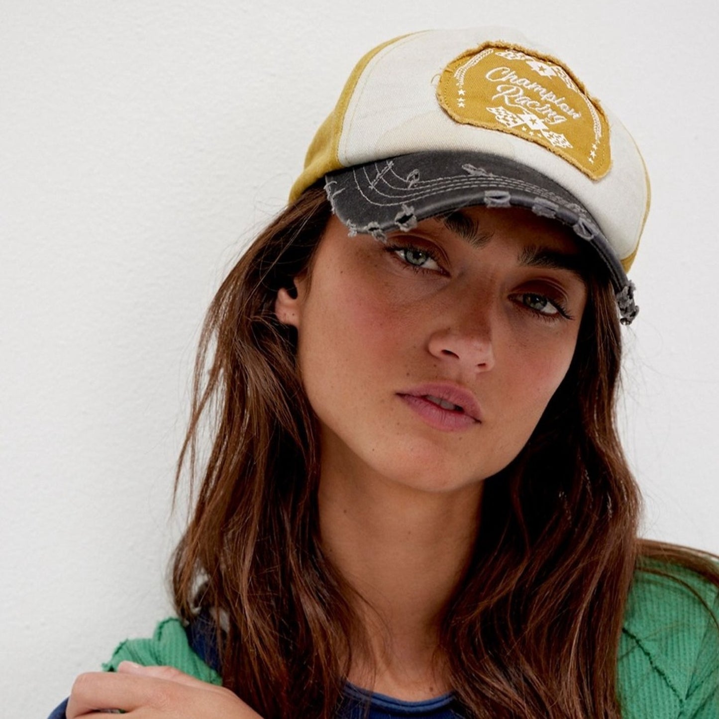 Free People Distressed Moto Racing Baseball Cap in Mustard Combo