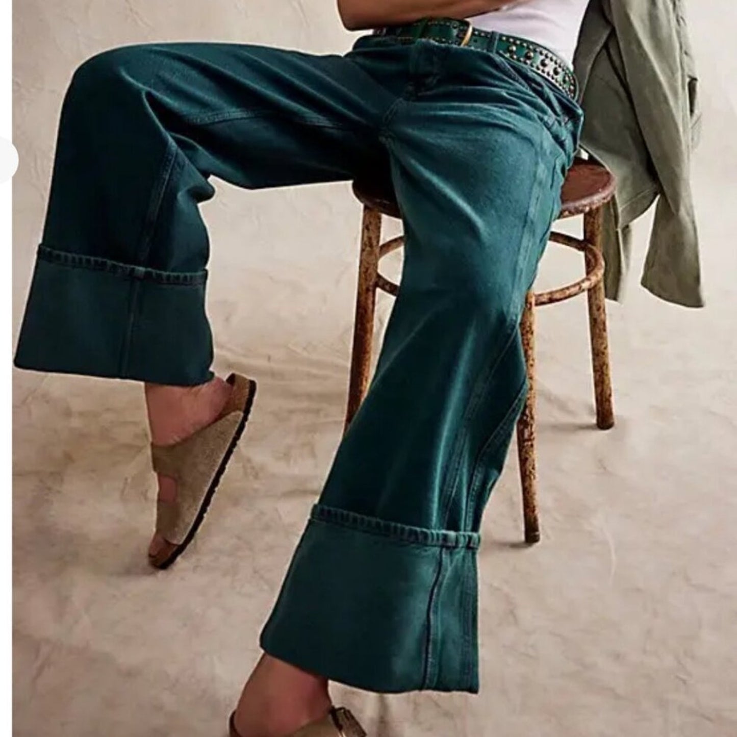 Free People Final Countdown Cuffed Low-Rise Jeans in Luke Green
