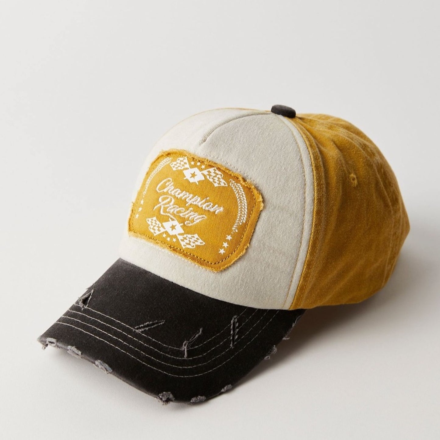 Free People Distressed Moto Racing Baseball Cap in Mustard Combo