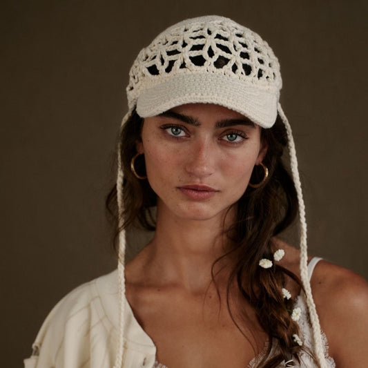 Free People Silvia Crochet Baseball Cap in Ivory
