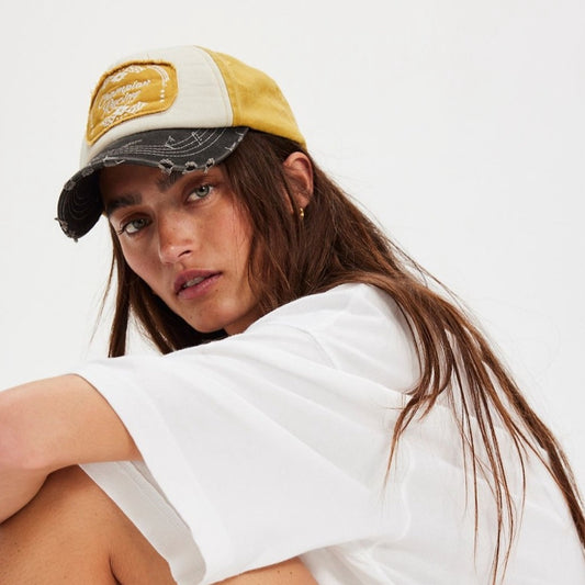 Free People Distressed Moto Racing Baseball Cap in Mustard Combo