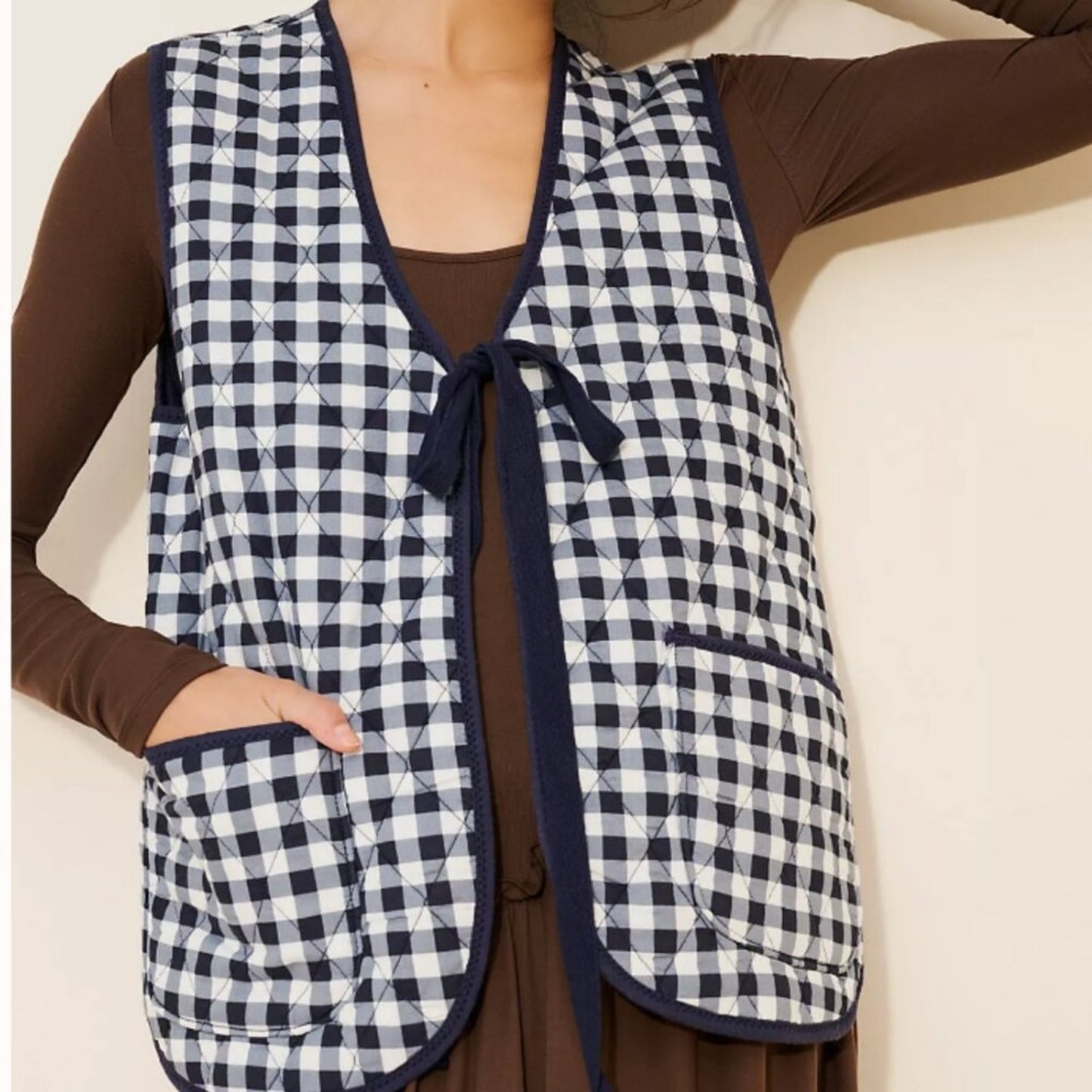Free People Claudine Quilted Vest in Navy Gingham