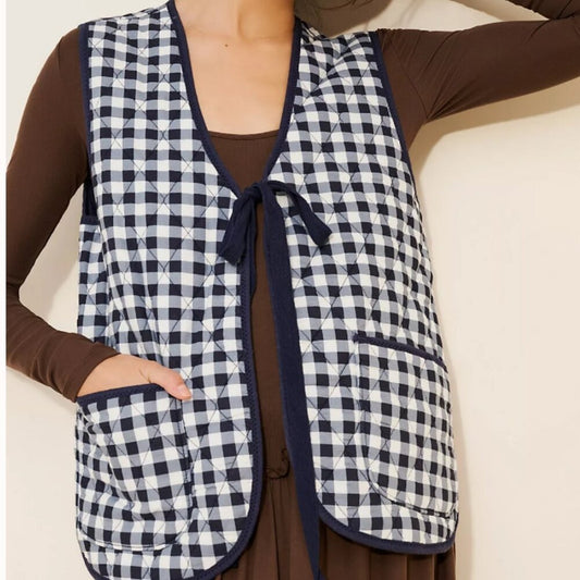 Free People Claudine Quilted Vest in Navy Gingham